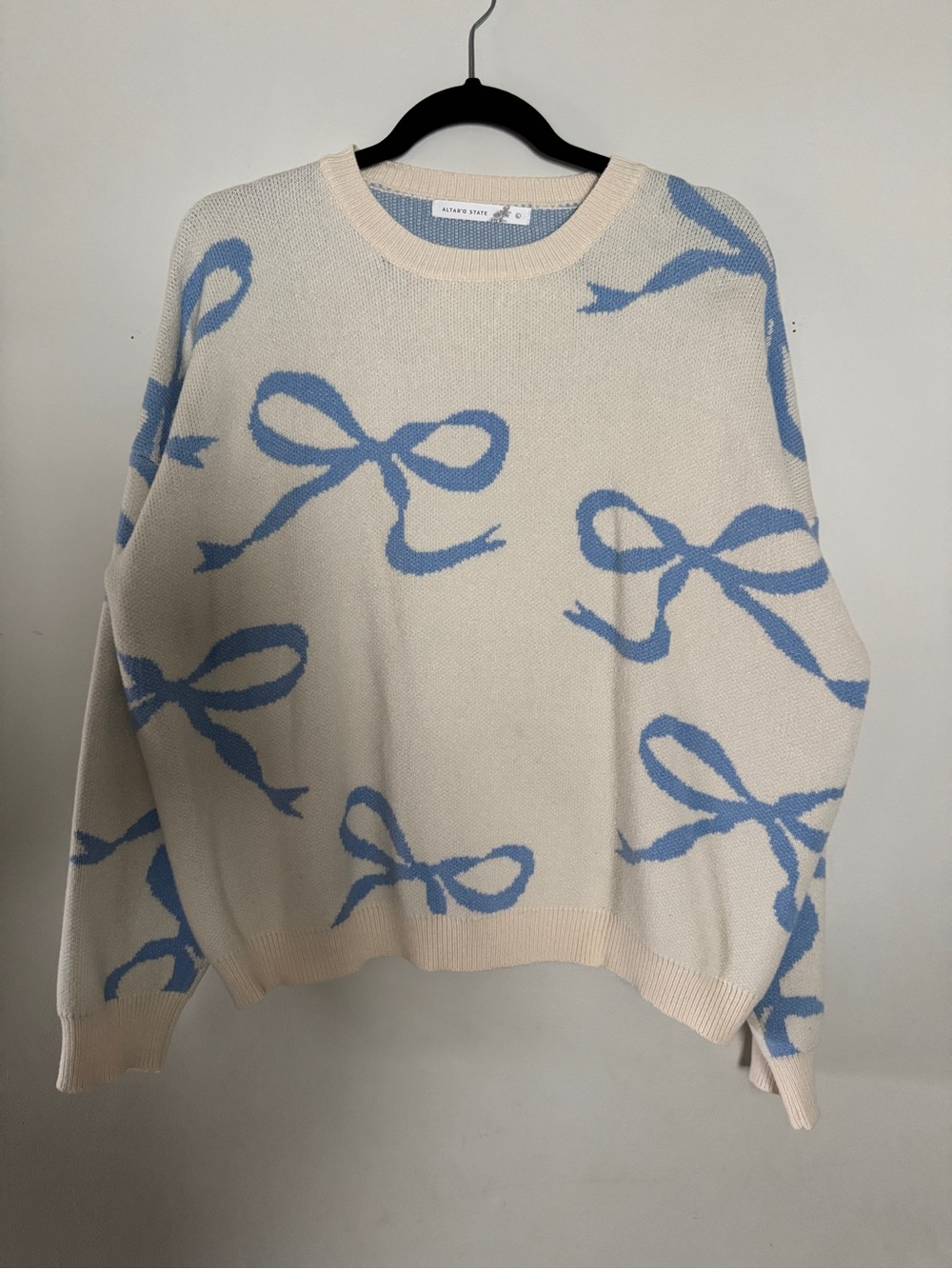 Altar'd State Cream Sweater with Blue Bow Motif